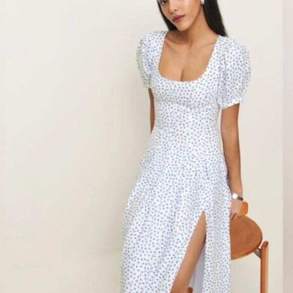 NEW Reformation Coucou Midi Linen Dress Hanna White Blue Floral | US 2 UK 6 - Picture 1 of 15
